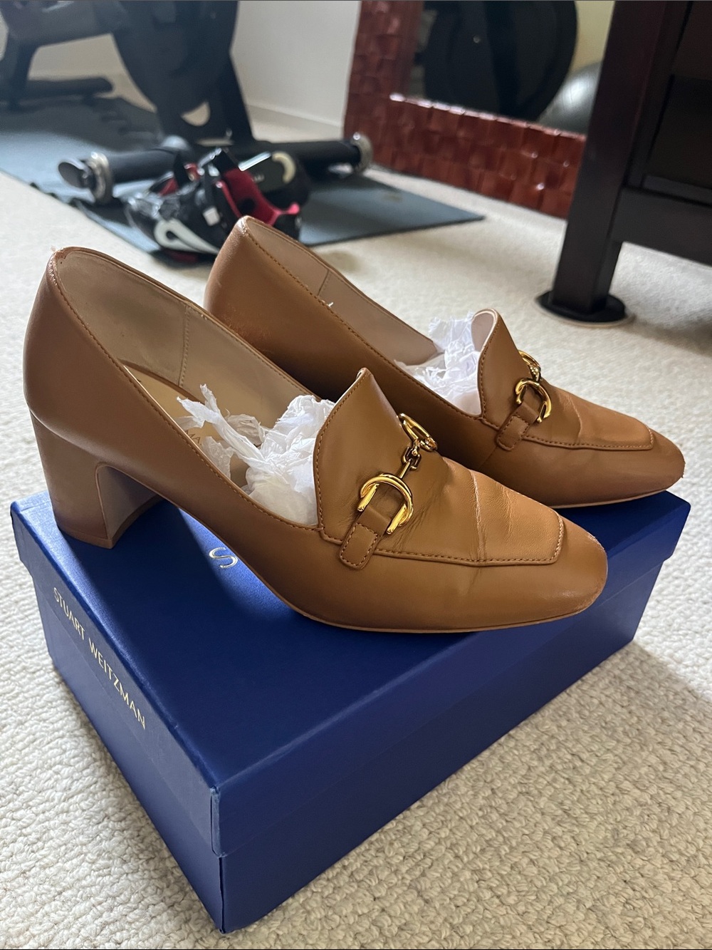 Stuart Weitzman Cognac Leather Block Heel Loafers with Gold Buckle 60mm
